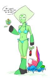 1girls 2015 artist_request beach_towel bikini blonde_hair blue_bikini cartoon_network cooler dialogue digital_media_(artwork) english_text gem_(species) green_skin limb_enhancers peridot_(steven_universe) robot soda soda_bottle steven_universe suntan_lotion umbrella