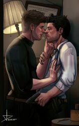 2boys actor almost_kissing angel artist_name artist_signature bara castiel castiel_(supernatural) celebrity clothed clothed_male clothing dean_winchester depairt duo fbi_agent gay gun human in_character jensen_ackles lamp looking_at_another looking_at_partner male male/male male_only misha_collins night pants shirt standing standing_position supernatural_(series) table yaoi