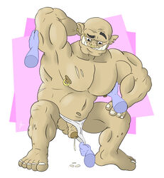 balls biceps bigbrownorc clothing dark-skinned_male dark_skin ear_piercing humanoid humanoid_penis invalid_tag male male_only muscular muscular_male nipple_piercing nipples nude orc orc_male pecs penis piercing simple_background teeth yaoi