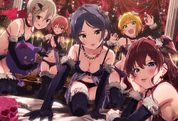 5girls :3 ;3 anticipation auburn_hair bare_shoulders belly black_hair blonde_hair blue_eyes blush bow bra breasts brown_eyes brown_hair choker cleavage collar crawling female fur green_eyes hair_ornament happy hayami_kanade heart highres horns horny ichinose_shiki idolmaster idolmaster_cinderella_girls inviting jewelry jougasaki_mika licking_lips lingerie long_gloves long_hair looking_at_viewer miyamoto_frederica multiple_girls navel open_mouth p: sexually_suggestive shiny shiomi_shuuko short_hair skull sonsoso standing stockings striped striped_bra striped_panties stuffed_toy succubus tied_hair toy twintails underwear veil wings wink