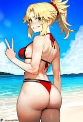 1-a_dot 1girl 1girls ai_generated ass ass_focus beach bikini blonde_hair breasts fate/grand_order fate_(series) female female_focus female_only human mordred_(fate) mordred_(swimsuit_rider) peace_sign red_bikini red_clothing solo