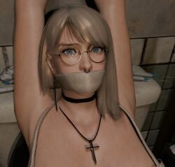 1girls 3d 3d_(artwork) ankles_tied arms_above_head black_choker blender blender_eevee blonde_hair blue_eyes bondage bound captured choker cross_earrings cross_necklace gag gagged glasses grace_(osimai) huge_breasts kidnapped necklace nervous nose_piercing nose_ring original_character osimai otm_gag pleated_skirt public_toilet public_use restrained rope skirt syringe tank_top tied tied_wrists toilet toilet_paper toilet_slave toilet_stall trash used_tissue wrists_tied