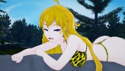 3d ass bikini blonde_hair breasts koikatsu large_ass large_breasts leopard_print long_hair mrkoiru on_stomach open_mouth outdoors pale_skin purple_eyes rwby the_jungle_book thong yang_xiao_long