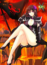 areolae bangs bedroom_eyes black_hair breasts collarbone deathelena_recreigialas earrings eyebrows_visible_through_hair eyeliner female female_only fire flag flower high_heels highres lava lipstick logo long_hair magic magic_user magical_girl naked nipples nude nude_female original original_character painted_nails purple_eyes sacredcourage sitting skirt smile sword the_legendary_tauran'creima the_legendary_tauran'creima:_star_beings_of_the_universe volcanic_setting