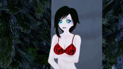 3d bikini black_hair breasts crossed_arms hypnosis kaa_eyes koikatsu leopard_print medium_breasts mind_control mrkoiru open_mouth outdoors pale_skin ruby_rose rwby silver_eyes surprised swimsuit the_jungle_book