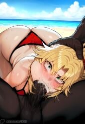 1-a_dot 1boy 1girls 69 69_position ai_generated beach big_penis bikini blonde_hair censored cum_in_mouth cum_in_throat dark-skinned_male deepthroat fate/grand_order fate_(series) female human interracial male mordred_(fate) mordred_(swimsuit_rider) oral