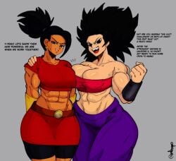 2d 2girls ajaycolor alternate_breast_size black_hair caulifla colored dialogue dragon_ball dragon_ball_super embo english_text female female_only full_color fully_clothed grey_background hi_res kale long_hair multiple_girls muscles muscular muscular_female no_penetration ponytail saiyan speech_bubble talking_to_viewer text