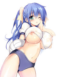 1girls ball belly blue_hair blush bow breasts buruma erect_nipples female female_only green_eyes hairbow human large_breasts long_hair navel nipple_slip nipples one_eye_closed open_mouth original ponytail sanshoku_amido simple_background solo sweat tied_hair towel volleyball wet white_background