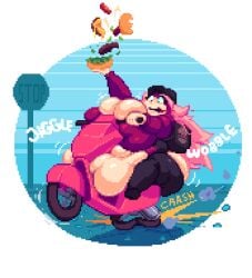 1girls belly bellybelting breasts delivery_girl fat_rolls female huge_belly motorcycle obese obese_female onomatopoeia pink_hair pixel_art transparent_background