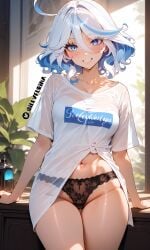 abdomen ai_generated bangs bangs_over_eyes black_panties blue_eyes blue_hair breasts female female_focus female_only flushed flushed_face furina_(genshin_impact) genshin_impact huge_boobs huge_breasts illyfurina lace-trimmed_panties lace_panties looking_at_viewer milf navel pale-skinned_female pale_skin panties puffy_nipples seducing seductive seductive_body seductive_eyes seductive_look seductive_mouth seductive_pose seductive_smile sensual skinny skinny_female skinny_waist smile smiling smiling_at_viewer t-shirt waist woman_focus woman_only