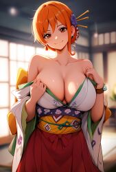 ai_due ai_generated big_breasts cleavage curvaceous curvy_female earrings female female_only gigantic_breasts hair_bun hair_ornament huge_breasts japanese_clothes kimono large_breasts light-skinned_female light_skin looking_at_viewer nami one_piece orange_eyes orange_hair post-timeskip shounen_jump smiling voluptuous voluptuous_female