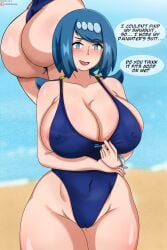 1girls areola_slip areolae armwear ass ass_shot big_ass big_breasts blue_eyes blue_hair blue_swimsuit bracelet breasts bubble_butt cleavage english english_text female female_only freckles freckles_on_face game_freak hair hips huge_ass huge_breasts lana's_mother_(pokemon) large_breasts mattc-art mature mature_female mature_woman milf mother nipple_bulge one-piece_swimsuit pokemon pokemon_sm short_hair smile solo solo_female swimsuit swimwear text thighs tight_fit tight_swimsuit wide_hips