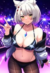 ai_generated black_bra bra catgirl club core_crystal jacket lingerie looking_at_viewer mikofox110 mio_(xenoblade) nintendo peace_sign short_hair showing_breasts smile xenoblade_(series) xenoblade_chronicles_3