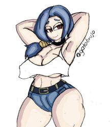 belt big_ass big_breasts blue_hair breasts cleavage denim_shorts gatobrujo little_witch_academia long_hair milf red_eyes short_shorts slutty_clothing slutty_outfit tank_top thick_thighs thighs ursula_callistis voluptuous_female white_background