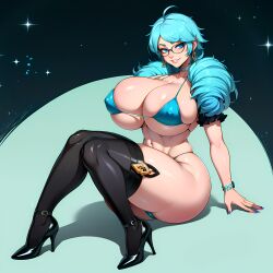 ai_generated bikini bimbo bimbo_body blue_eyes blue_hair bluecatrip bracelet cameltoe earrings erect_nipples female female_only fit fit_female gigantic_breasts gwen_(league_of_legends) heels high_heels huge_breasts kneehighs large_breasts league_of_legends long_hair looking_at_viewer micro_bikini nail_polish riot_games shiny_skin smile smiling_at_viewer stable_diffusion thick_thighs twin_drills