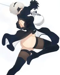 1girls ass big_ass blindfold breasts female female_only hairband leotard light-skinned_female light_skin mitsuki_nite nier nier:_automata nonude short_hair skirt skirt_lift solo tagme thighhighs white_background white_hair yorha_2b