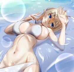 1girls big_breasts bikini blazblue blonde_hair blue_eyes braid braided_hair es_(xblaze) hair_between_eyes long_hair looking_at_viewer nueshinmei solo_focus swimwear water xblaze