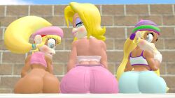 3d 3d_(artwork) 3girls ass back big_ass big_butt blonde_hair blue_eyes blush bubble_ass bubble_butt butt candy_kong clothed clothing crop_top curvy dat_ass dixie_kong donkey_kong_(series) earrings eyeshadow female female_only green_eyes half-closed_eyes huge_ass huge_butt large_ass large_butt lips lipstick looking_at_viewer looking_back looking_back_at_viewer makeup nintendo open_mouth pants pink_lipstick ponytail seductive seductive_look seductive_smile shorts shoulder_length_hair skulltronprime969 smile thick thick_ass thick_butt thick_hips tiny_kong trio twintails violet_eyeshadow wide_hips