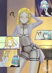 androgynous blonde_hair blue_eyes blue_hair blush multiple_others phosphophyllite short_hair smile spoken_question_mark yellow_eyes