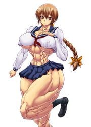 1girls abs big_breasts blush breasts brown_eyes brown_hair cleavage collarbone dead_or_alive extreme_muscles female female_only hairbow hand_on_breast highres huge_breasts huge_thighs japanese_clothes kasumi_(doa) large_breasts long_hair looking_at_viewer muscle muscles muscular muscular_female muscular_legs navel nipples no_panties purukogi_(plasma_beach) ribbon school_uniform shoes short_shirt short_skirt simple_background skirt smile solo stomach tecmo thick_thighs thighs underboob white_background zettai_ryouiki