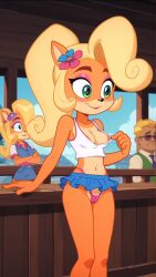 ai_generated animal_ears areola_slip autismmix_pony(model) blonde_hair camel_toe coco_bandicoot crash_(series) furry furry_female green_eyes hair_flower looking_to_the_side makeup marusame microskirt nipple_slip orange_fur people_in_background ponytail public public_indecency pulling_clothing sleeveless_shirt stable_diffusion standing thong two_tone_fur