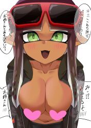 1girls :d bangs big_breasts blunt_bangs breasts censored censored_nipples cleavage dokudami-sama_(vaz_999) green_eyes inkling inkling_girl jacket japanese_text long_hair looking_at_viewer millky_(aaaaaaaaaadhd) navel open_mouth pointy_ears solo solo_female solo_focus splatoon splatoon_(series) sunglasses sunglasses_on_head tentacle tentacle_hair translation_request unzipped unzipped_jacket