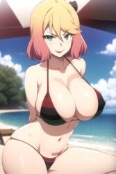 1girls ai_generated angels_of_death beach blonde_hair catherine_ward female female_only flag_bikini green_eyes hands_behind_back large_breasts light-skinned_female light_skin navel nipple_bulge pan-african_flag pan-african_flag_bikini pan_african_colors pink_hair satsuriku_no_tenshi skimpy_bikini sky small_bikini smirk solo thighs two_tone_hair water