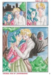 2009 2girls bishoujo_senshi_sailor_moon blonde_hair blue_eyes clothing colored comic dialogue drawn english_text female female_focus female_only fully_clothed green_hair haruka_tenou human lesbian locofuria long_hair michiru_kaiou monster multiple_girls page_1 page_number school_uniform short_hair skirt speech_bubble text traditional yuri