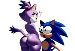 1boy 1girls ai_generated big_ass blaze_the_cat cat_ears cat_tail catgirl female furry furry_only hedgehog humor male novelai nude reaction sonic_(series) sonic_the_hedgehog surprised