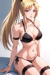 1girls ai_generated alternative_costume arm_belt arm_strap arm_support armband armlet arms_at_sides bangs bare_shoulders bed bed_sheet bent_knees bible_black bikini bikini_bottom black_bikini black_scrunchie black_swimsuit blonde_hair breasts clavicle cleavage clothing covered_erect_nipples cowboy_shot earrings erect_nipples_under_clothes expressionless female fingernails gradient gradient_background hair_ornament hair_scrunchie halterneck high_ponytail high_resolution imperishable_knight jewelry large_breasts leg_belt light_blush long_hair looking_at_viewer mature mature_female medium_breasts navel o-ring o-ring_bikini o-ring_top on_bed parted_bangs parted_lips ponytail purple_eyes resized saeki_kaori scrunchie seiza shiny shiny_skin side-tie_bikini_bottom side-tie_clothing side-tie_swimsuit sidelocks simple_background sitting skindentation solo stomach string_bikini swimsuit thigh_strap thighs tied_hair universal_solvent_mix very_long_hair white_background