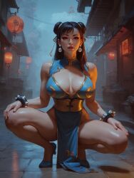 1girls ai_generated asian_female black_hair breasts chun-li cleavage feet female female_only lokiai outdoors solo squatting stable_diffusion street_fighter street_fighter_6