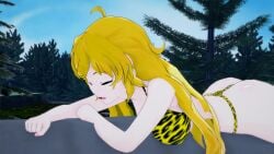 3d ass bikini blonde_hair breasts koikatsu large_ass large_breasts leopard_print long_hair mrkoiru on_stomach open_mouth outdoors pale_skin purple_eyes rwby the_jungle_book thong yang_xiao_long