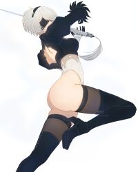 1girls ass big_ass blindfold breasts female female_only hairband leotard light-skinned_female light_skin mitsuki_nite nier nier:_automata short_hair solo thighhighs white_background white_hair yorha_2b