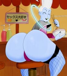 1boy ajaycolor angel_(dragon_ball) ass big_ass colored colored_version dat_ass detnox dragon_ball eating_food femboy fishnet_stockings fishnets huge_ass male male_only panties solo universe_6/universe_7 whis