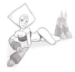 1girls 2015 amputee artist_request cartoon_network digital_media_(artwork) gem_(species) limb_enhancers monochrome peridot_(steven_universe) pinup pinup_pose prostethics prosthetic prosthetic_arm prosthetic_limb quadruple_amputee solo steven_universe thong underwear vest visor