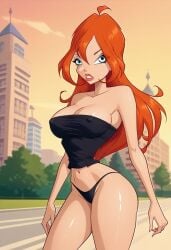 1girls 4kids_entertainment ai_generated bloom bloom_(winx_club) bottomless city erect_nipples_under_clothes large_breasts nickelodeon panties public rainbow_(animation_studio) sideview tubetop winx_club zfivefan