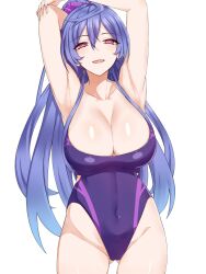 armpits arms_up big_breasts cleavage goddess iris_heart light-skinned_female long_hair looking_at_viewer neptunia_(series) open_mouth pink_eyes plutia purple_hair seductive_look simple_background solo swimsuit thighs zatsu