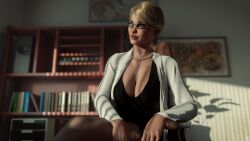 1girls 3d 3d_(artwork) alf3d batman_(series) big_breasts blonde_hair busty cleavage dc dc_comics dr._harleen_quinzel female female_only fully_clothed glasses harleen_quinzel hourglass_figure huge_ass huge_breasts injustice_2 labcoat large_breasts light-skinned_female light_skin necklace solo