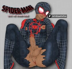 1boy african african_male ass ass_up censored cursed cursed_image dark-skinned_male dark_skin funny gay let's_draw_for_fun male male_only marvel miles_morales s solo spandex spandex_suit spider-man spider-man:_into_the_spider-verse spider-man_(miles_morales) spider-man_(series) teen_boy torn torn_clothes yaoi