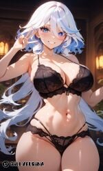 1girls ai_generated bangs bangs_over_eyes big_breasts black_bra black_lingerie black_panties blue_eyes blue_hair bra breasts curvy curvy_figure female female_focus female_only flushed flushed_face flustered furina_(genshin_impact) genshin_impact huge_breasts huge_thighs illyfurina lace_lingerie lingerie milf mouth navel nose nose_blush pale-skinned_female pale_skin panties seductive seductive_body seductive_eyes seductive_look seductive_mouth seductive_pose seductive_smile semi-naked semi-nudity sensual smile smiling smiling_at_viewer taller_girl thick_thighs thighs waist woman_focus woman_only
