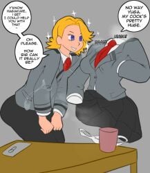 1boy 1futa ajaycolor aoyama_yuuga blonde_hair bottomless breasts clothed clothing color colored dialogue duo english_text erection futa_on_male futanari hagakure_tooru hagakure_tooru_(invisible) huge_cock human humanoid imminent_sex invisible invisible_futanari invisible_penis light-skinned_male light_skin male masturbation mostly_clothed my_hero_academia penis precum short_hair simple_background speech_bubble standing takumi-exe text tooru_hagakure tooru_hagakure_(invisible) yuga_aoyama yuuga_aoyama