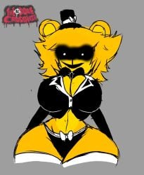 bear bear_ears bear_girl big_breasts black_bowtie black_eyes black_panties black_shirt buttoned_shirt creepy creepy_smile curvy female female_only five_nights_at_freddy's fredina's_nightclub golden_freddy_(fnaf) golden_fredina_(cally3d) gray_background haunted long_sleeves looking_at_viewer loose_clothes panties rule_63 simple_background smile solo supernatural tanktop text theodorexhair tophat type_0 white_pupils yellow_hair yellow_skin