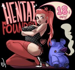 cleavage clothed hentai_foundry mascot pink_hair red_eyes smoking thighhighs tied_hair truely twintails