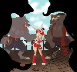 1girls animal_ears black_lipstick blonde_hair breasts choker damsel_in_distress female furry furry_with_non-furry hair_over_one_eye imminent_rape loose_socks net pink_eyes pirate pirate_hat pistol rabbit_ears rabbit_girl rabbit_tail rope scar scar_across_eye shadow skirt sword werewolf