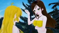 3d bikini blonde_hair breasts brown_hair eyes_crossed hypnosis kaa_eyes koikatsu lamia large_breasts leopard_print long_hair mind_control monster monster_girl mrkoiru open_mouth original original_character outdoors pale_skin resisting rwby smile the_jungle_book weak_resistance yang_xiao_long yellow_eyes