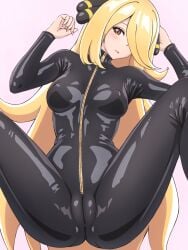 1girls asairosora black_bodysuit black_latex blonde_hair blush bodysuit breasts brown_eyes cameltoe covered_nipples creatures_(company) cynthia_(pokemon) erect_nipples female female_focus female_only front_zipper fully_clothed game_freak hair hair_ornament hair_over_one_eye hi_res latex latex_bodysuit latex_clothing latex_suit long_hair looking_at_viewer lying medium_breasts nintendo on_back painted_nails parted_lips png pokemon pokemon_dppt pose shiny_clothes simple_background skintight solo spread_legs tight_clothing zipper