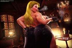 1girls 3d atlantis:_the_lost_empire big_ass big_breasts blonde_hair blowing_smoke cigar disney dress female female_only gloves helga_sinclair huge_ass muscular muscular_arms muscular_female muscular_thighs rasmus-the-owl room smoke smoking solo thick_thighs wide_hips