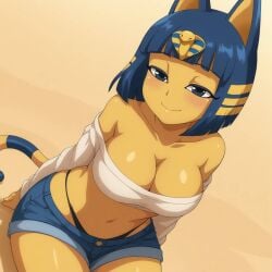 ai_generated animal_crossing ankha ankha_(animal_crossing) bangs big_breasts blue_eyes blue_hair blush busty cat_ears cat_tail cleavage crop_top curvy denim_shorts egyptian facing_viewer female female female_only hi_res highres long_sleeves midriff nintendo panties pony_diffusion_xl seraphim_ai shoulders sitting smile solo stable_diffusion tail thong yellow_skin