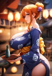 ai_due ai_generated arm_tattoo big_butt curvaceous curvy_female earrings female female_only gigantic_breasts hair_bun hair_ornament huge_breasts japanese_clothes kimono large_breasts looking_at_viewer nami one_piece orange_eyes orange_hair post-timeskip shounen_jump