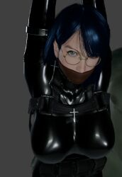 1girls 3d 3d_(artwork) ankles_tied arms_above_head black_bodysuit blender blender_eevee blue_eyes blue_hair bodysuit bondage bound captured choker cross_earrings cross_necklace gag gagged glasses grace_(osimai) groping huge_breasts huge_cock kidnapped looking_at_viewer necklace nervous orc original_character osimai otm_gag restrained tied tied_wrists wrists_tied